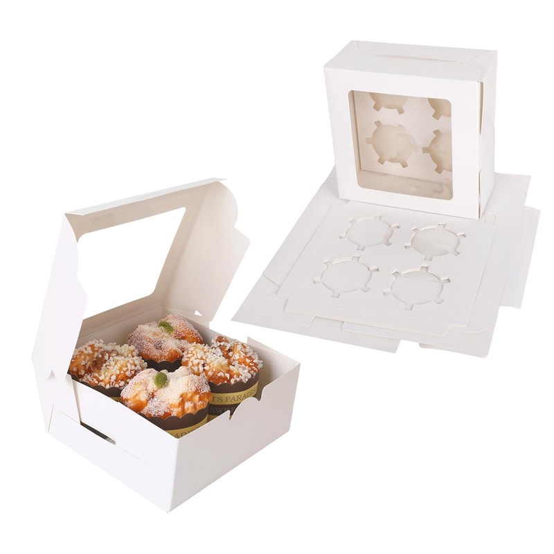 20 PCS Cupcake Boxes 4 Count 6.3×6.3×3 Inch Clear Window Insert White