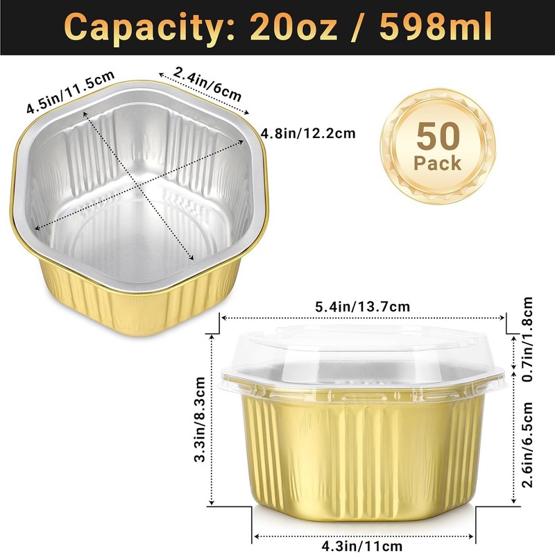 Disposable Baking Cups with Lids, 50 Pack 20oz 598ml Aluminum Foil Ramekins Pans gallery