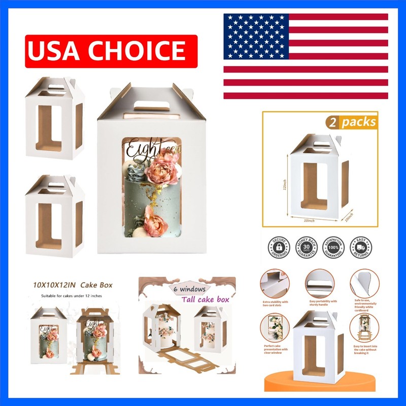 2 Pack Tall Cake Boxes for Tier Cakes,10x10x12 Inch Large Cake Box with windo…