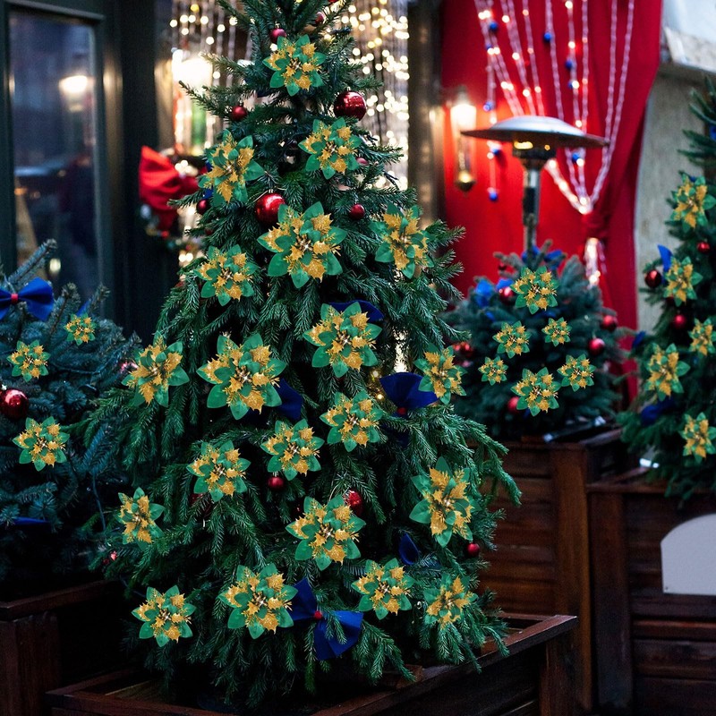 Geosar 24 Christmas Glitter Artificial Poinsettia Flowers Xmas Poinsettia gallery