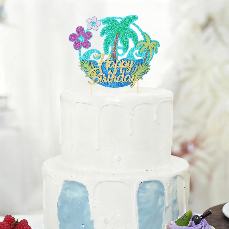 Glitter Hawaii Happy Birthday Cake Topper Palm Tree Summer Flower Ocean Hawaiian gallery