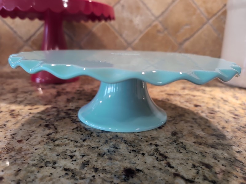 6" tall Red Cake Stand 3" tall Aqua Cake Stand Scallop Edged gallery