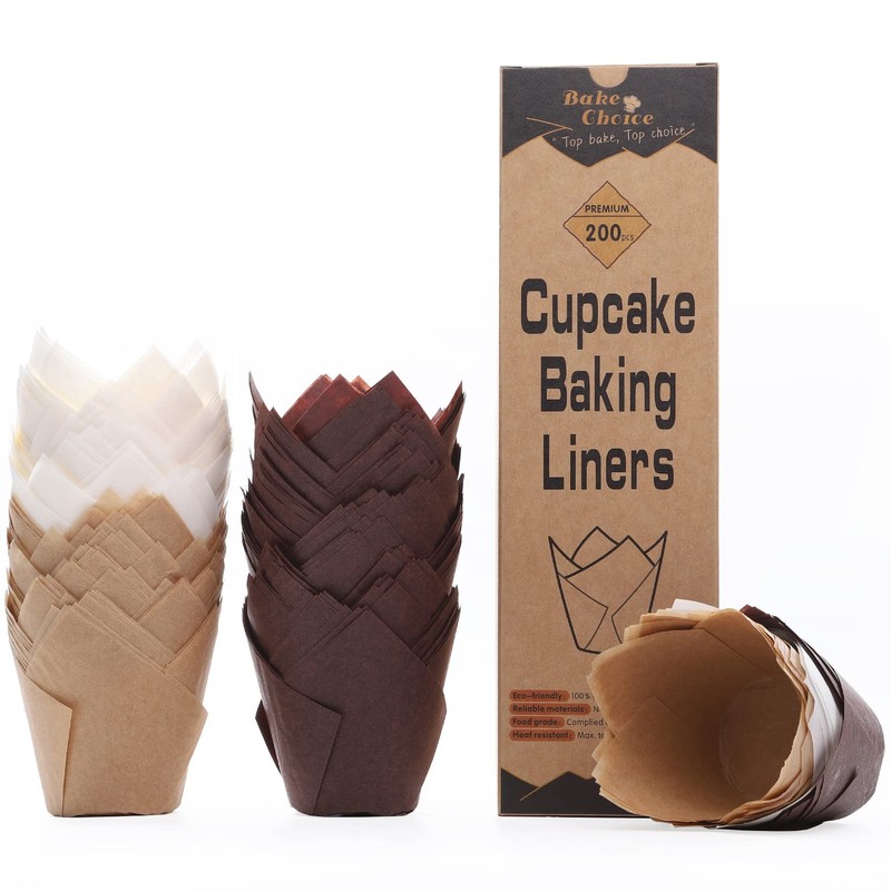 Tulip Cupcake Liners 200pcs – Brown & White Baking Cups for Parties