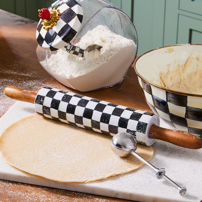 Mackenzie Childs COURTLY CHECK Ceramic & Wood Handle ROLLING PIN NEW m26-5 gallery