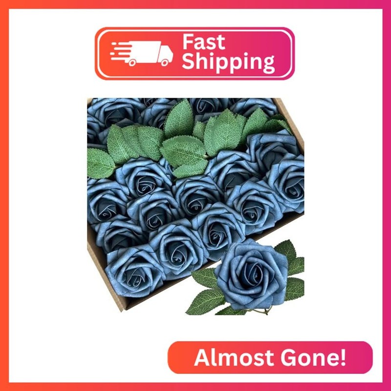 25pcs Dusty Blue Shades Foam Fake Rose with Stems 8 Leaves Real Looking Artifici