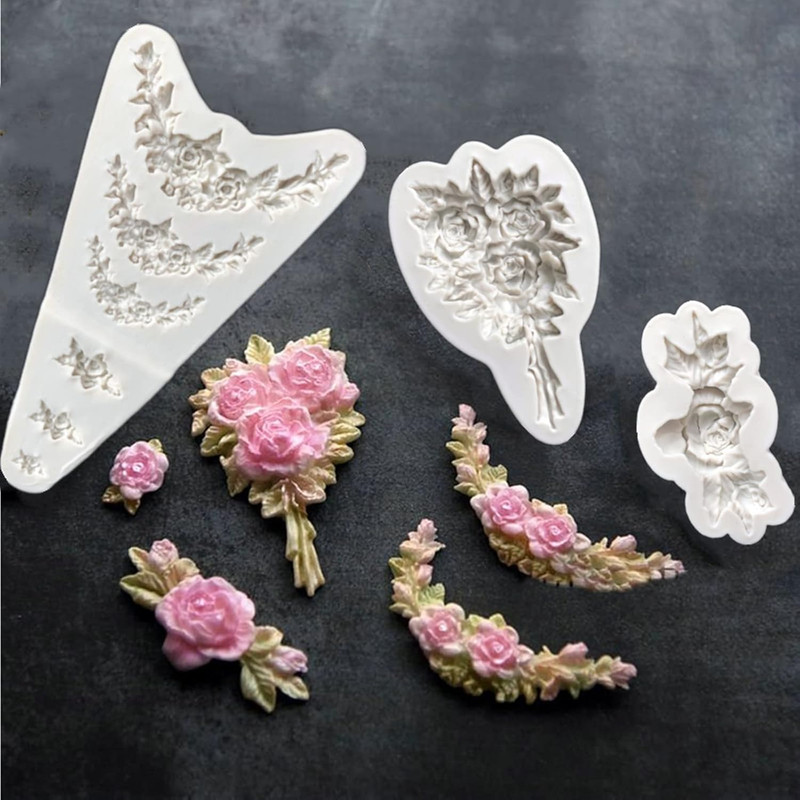 3Pcs Rose Wreath Flower Bouquet Leaves Fondant Molds for Wedding Cake Decorat... gallery