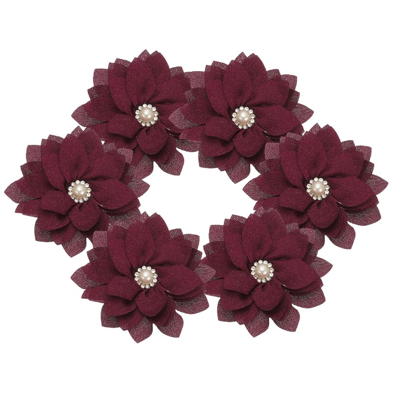 2.36 in Rhinestone Chiffon Flower, 6 Pcs Fabric Appliques, Wine Red