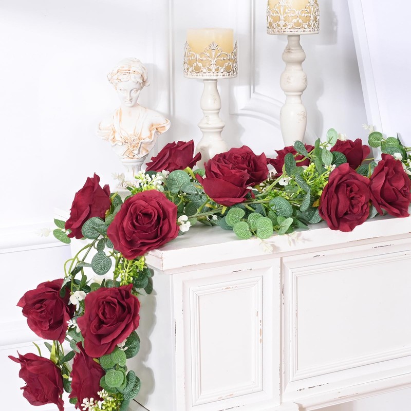 Dolicer 4x 26Ft Artificial Eucalyptus Garlands with 8 Red Roses Faux Floral gallery