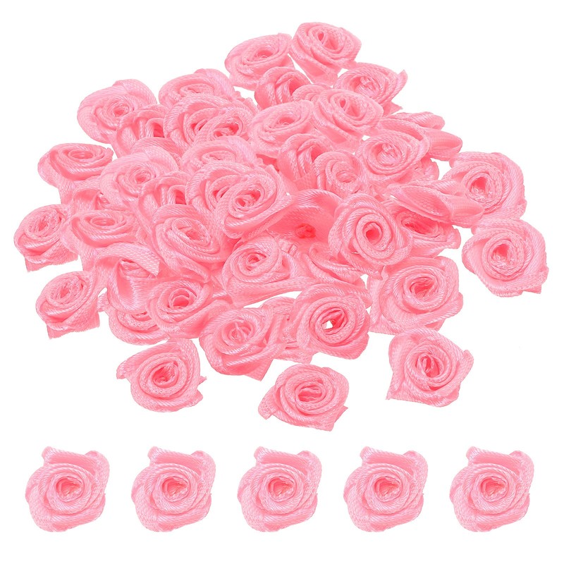 50Pcs Mini Satin Ribbon Roses Fabric Flowers Embellishments Rosettes Pink