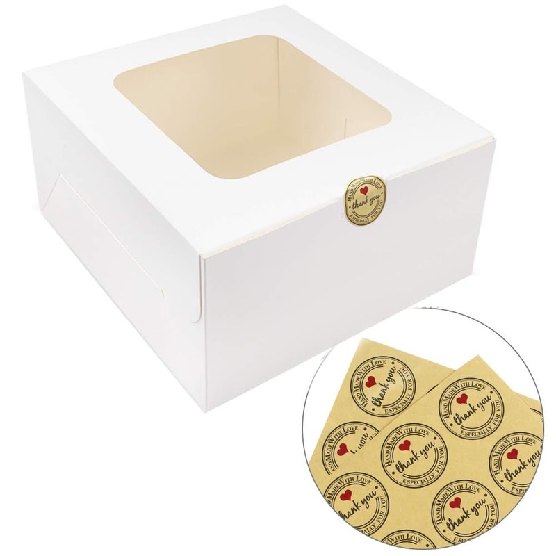25 PCS White Cake Boxes 8x8x5 Inch Square Bakery Boxes With Window For Party