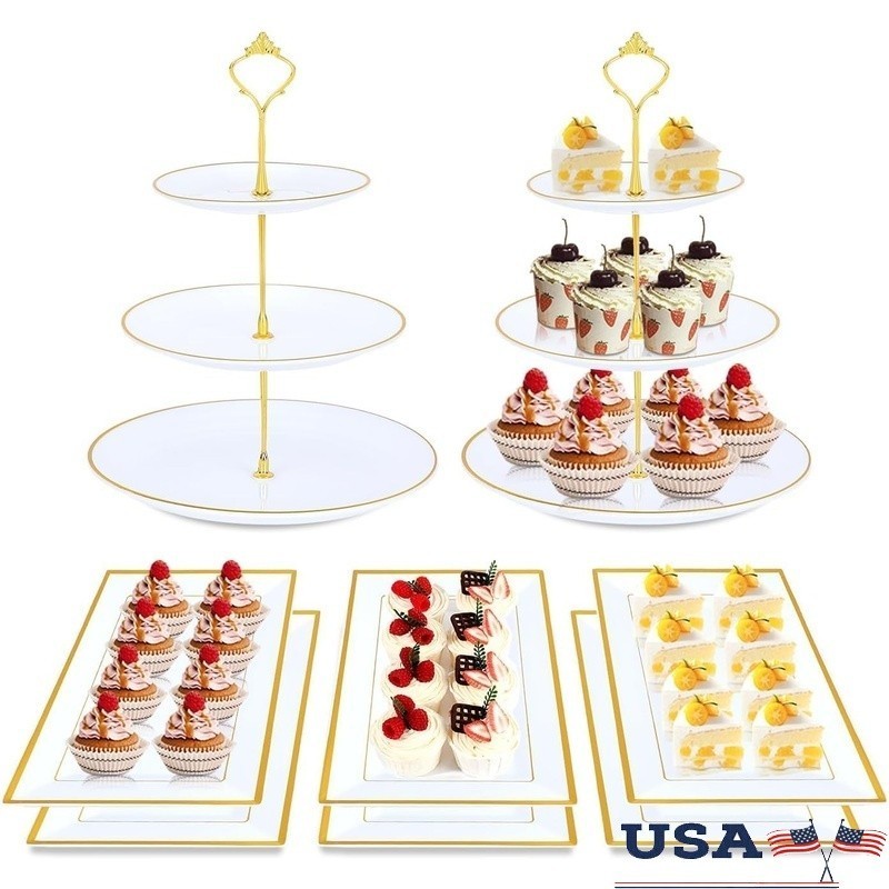 8PCS Cake Stand Set Plastic Cupcake Stands Gold Rim Dessert Display Stands Set