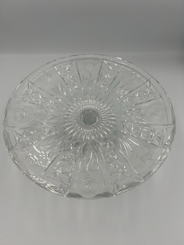 Vintage Leonard Crystal 11.25”x 4.25” Etched Cabbage Rose Pedestal Cake Plate