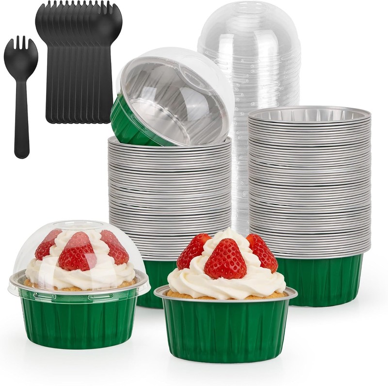 100-Pack 5 oz Green Mini Cake Pans with Lids, Disposable Aluminum Foil Baking