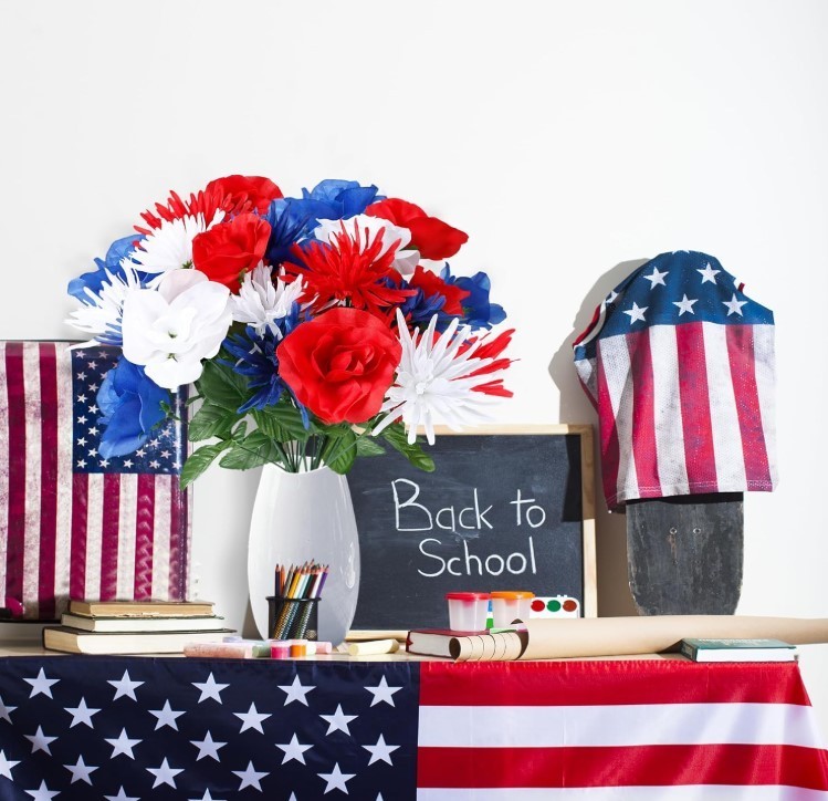 30 Pcs Patriotic Artificial Flowers Memorial Bouquet Fake Red White and Blue gallery