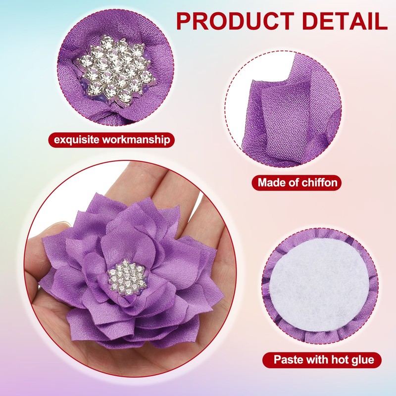 3.5" Rhinestone Pearl Chiffon Flower, 5 Pcs Sewing Fabric Appliques, Purple gallery