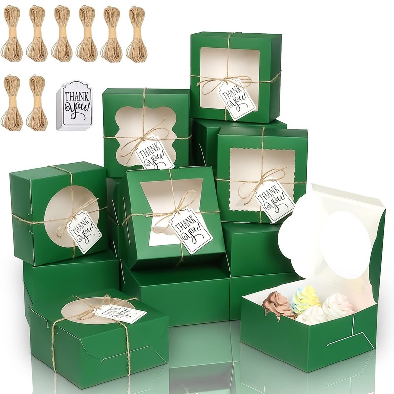 65 PCS Bakery Boxes Window 6x6x3 Inch 5 Style Cookie Pastry Candy Green