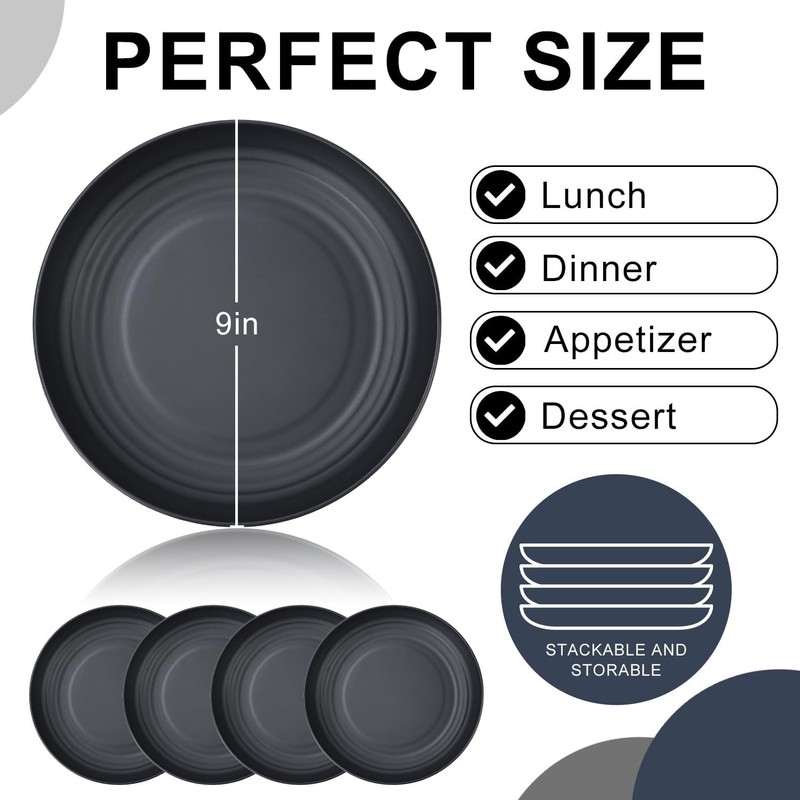 Wheat Straw Plates Set of 8, 9 Inch Dinner Plate for Camping, 9 inch, Black gallery