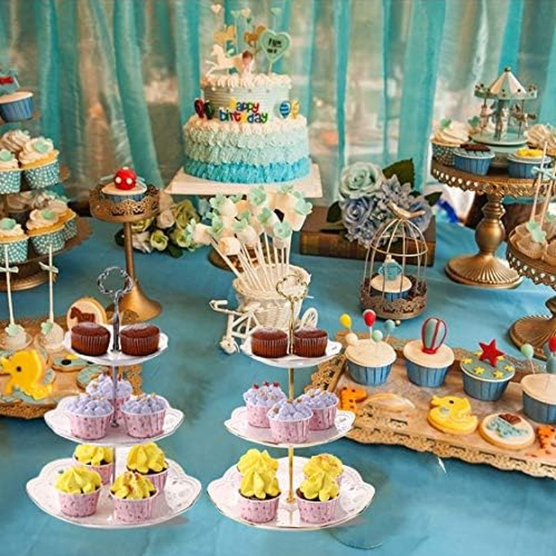 3-Tier Porcelain Embossed Cupcake Stand - Pure White Rimmed with Gold Dessert Ca gallery