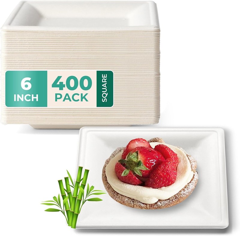 100 Pack Compostable Paper Plates 6" Appetizer Plates Square Dessert Heavy-Duty gallery