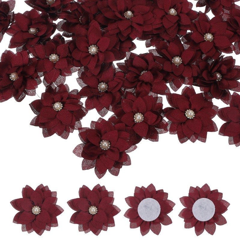 15Pcs 2″ Fabric Flowers Rhinestone Pearls Sewing Fabric Flowers Wine Red