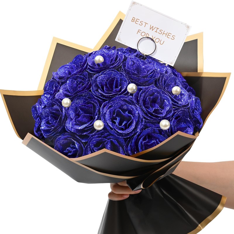 Waipfaru Blue Glitter Roses Bouquet, DIY Fake Flowers 24pcs,