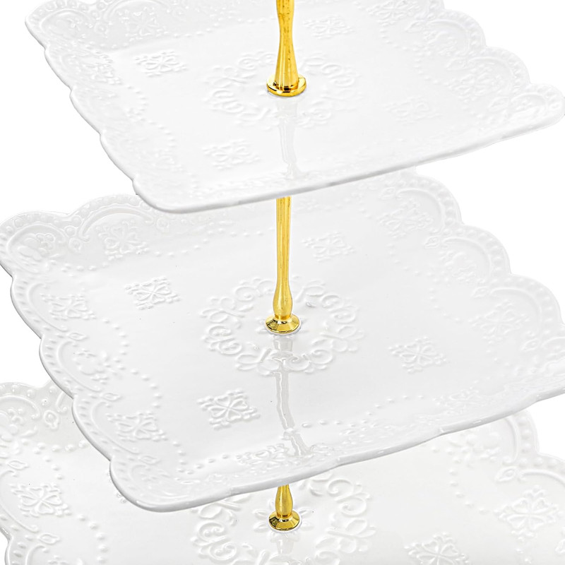 2 Pack 3-Tier White Ceramic Embossed Dessert Cake Tower Stand with Gold Carry Ha gallery