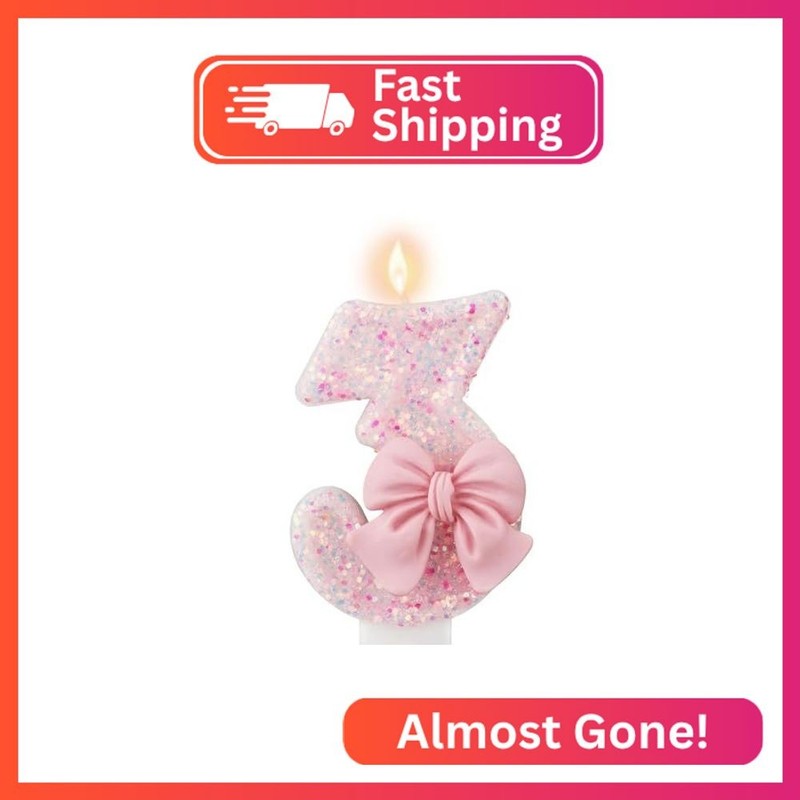 Pink Number 3 Birthday Cake Candle, 2.9 Inch Glitter Pink Number Bow Candle, Gir