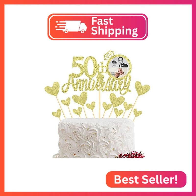 Sumerk 13 PCS Gold Glitter 50th Anniversary Cake Topper Happy 50th Anniversary W