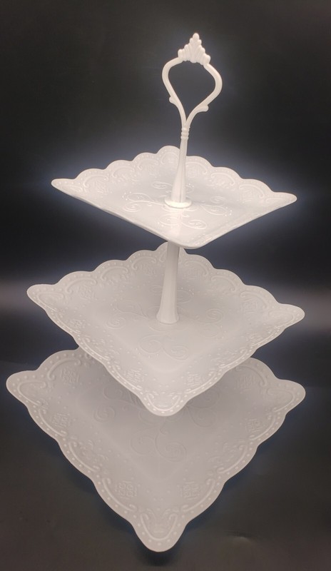 Set of 3 Plastic Cupcake Dessert Tidbit Stands 7 Plates Round Square Embossed gallery