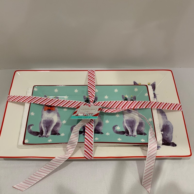 CIROA CELEBRATE CHRISTMAS PORCELAINE TWO RECTANGULAR TRAYS WITH CAT DESIGNS