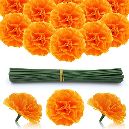 Pcs Marigold Flower Heads Bulk, Silk Marigold Heads with Stems 200 Orange gallery