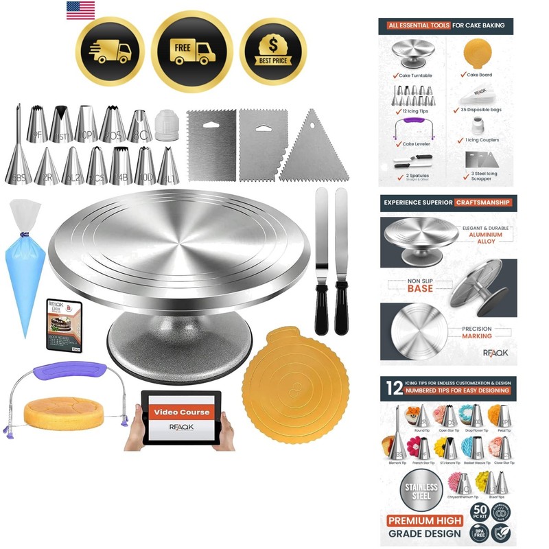 50PCs Cake Decorating Supplies Kit with 12″ Aluminum Rotating Cake Turntable …