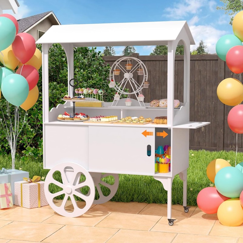 Candy Cart for Party – Cake Stand – Dessert Cart with Wheels & Storage Cabinet