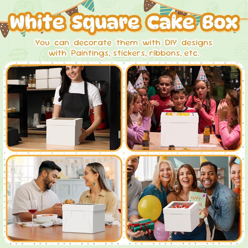 3 Pack Cake Boxes, 12x12x8 Inches Tall Cakes Box, White Cake Boxes with large gallery