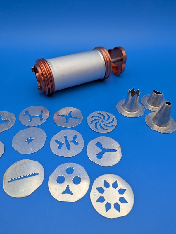 Mirro Cookie Press Decorating- 12 Design Plates & 3 Tips Copper Aluminum Vtg gallery