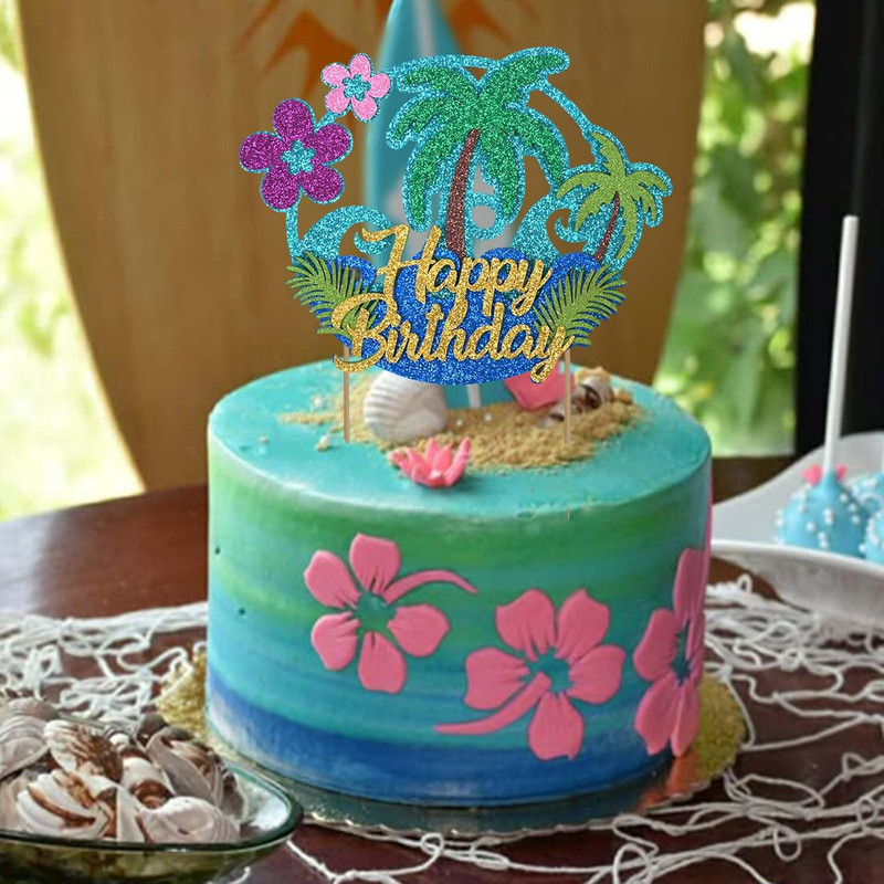Glitter Hawaii Happy Birthday Cake Topper Palm Tree Summer Flower Ocean Hawaiian gallery