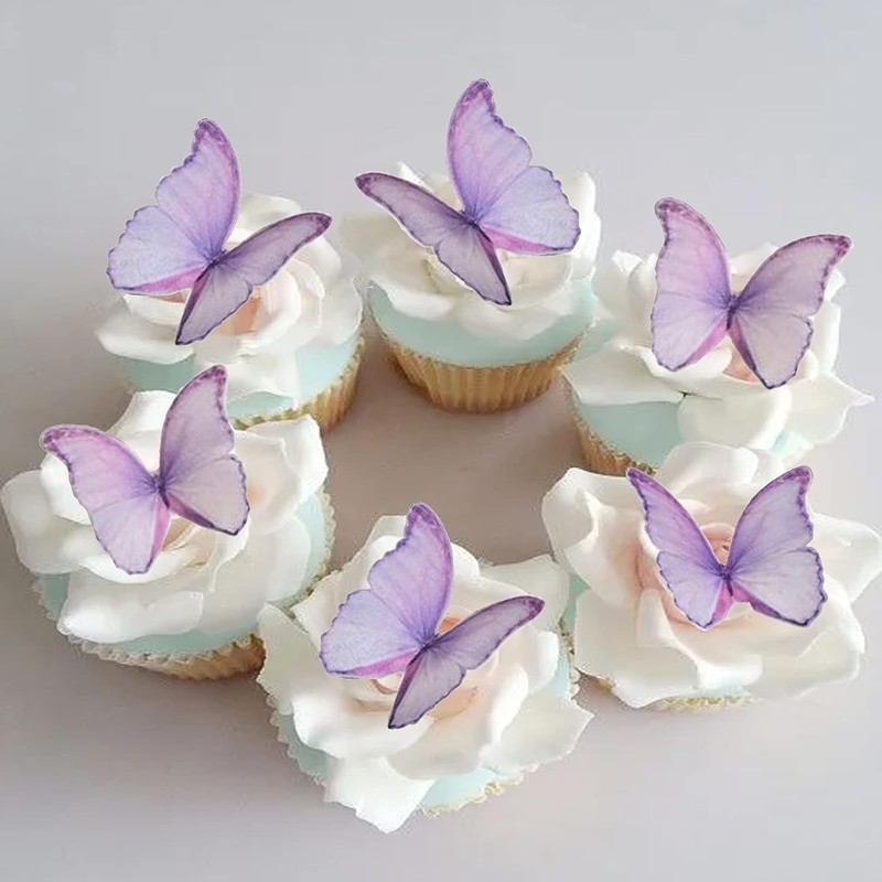 Juego de 48 mariposas comestibles de oblea moradas para decorar tartas y cupcake