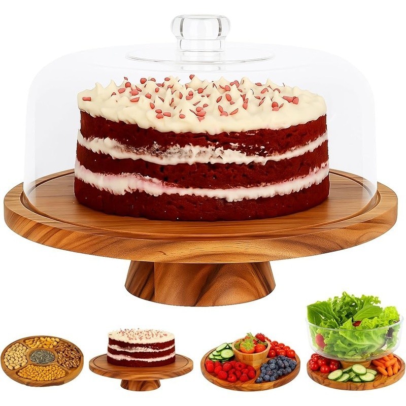 6 in 1 Acacia Wood Cake Stand with Lid Multiuse Wooden Cake Stand Acrylic
