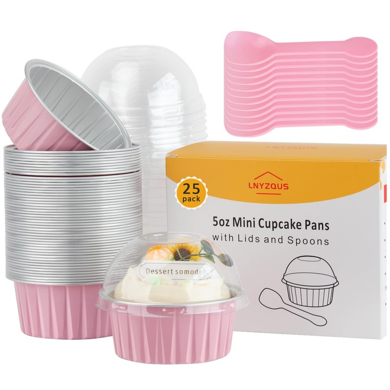 Pink 25pk 5oz Mini Cake Pans with Lids. Disposable Foil Muffin Cups & Ramekins.