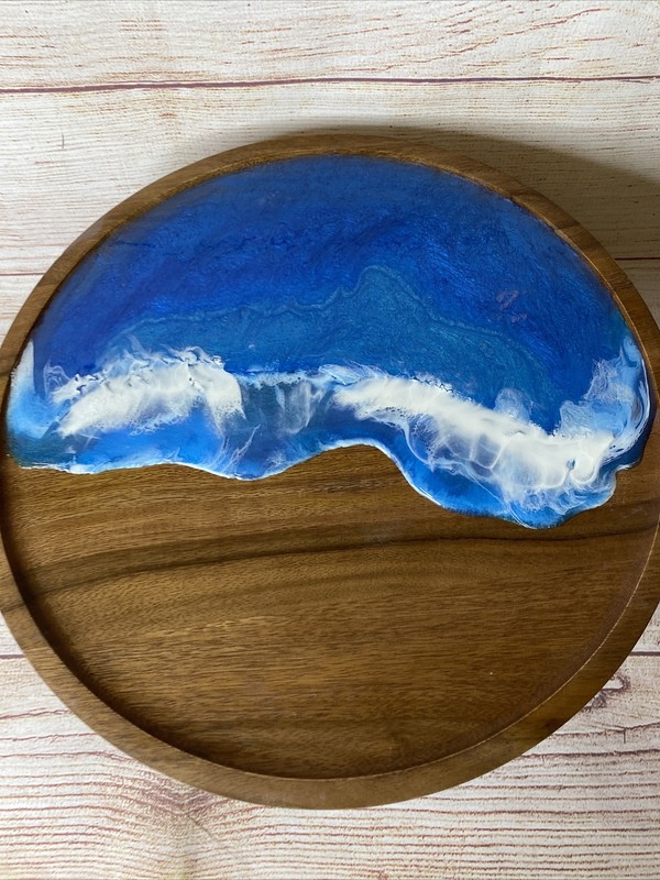 Threshold Arjun Wood Cake Stand Ocean Theme Resin Beach Waves 12" W 4.5" Tall gallery