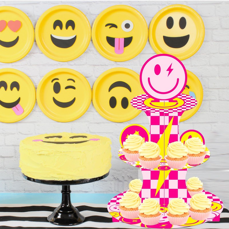 3 Tier Smile Face Cupcake Stand for Preppy Birthday Party Decoration Pink Yel... gallery