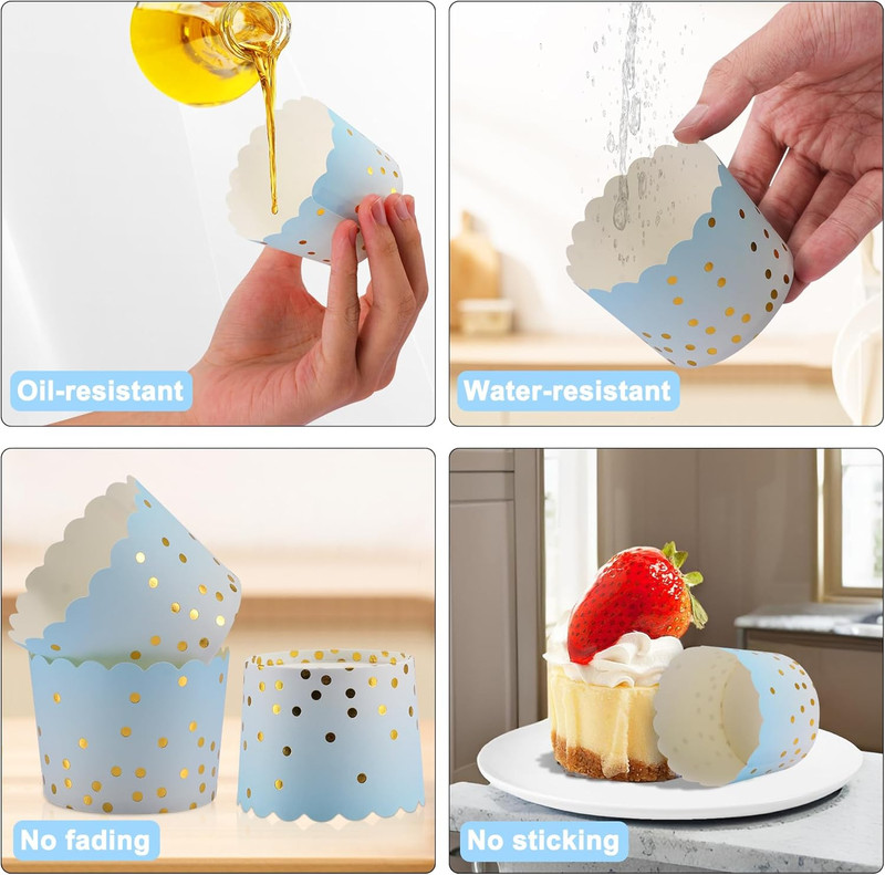 Standard Blue Cupcake Liners with Gold Polka Dots, 50-Pack for Events gallery