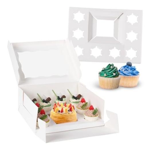 9 Holes Fit 8 Cupcakes and 1 Mini Cake Box Combo,8 sets of Cake White 1+8/8Pcs