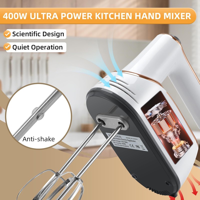 Hand Mixer, 5-Speed Electric with Turbo Boost, White, Copper Motor, 400W, Dis... gallery