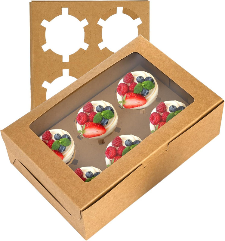 50 Pack Kraft Cupcake Box with Insert & Window Hold 6 Standard Food Grade Bakery gallery