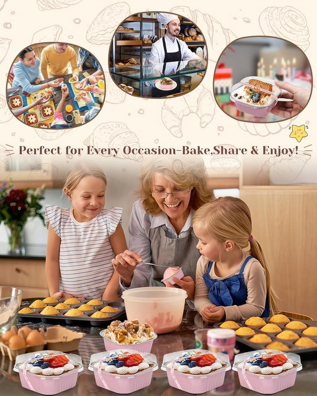 60 Pack 10oz Mini Cake Pans with Lids, Spoons, Stickers - Disposable Square B... gallery