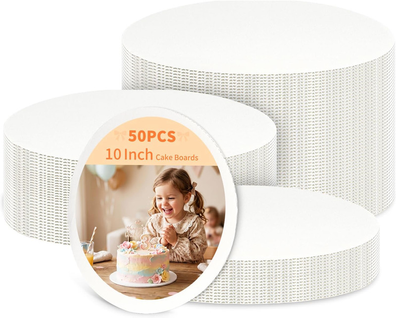 50 Pack Cake Boards 10 Inch Round, Food-Grade Circle Cardboard Cake Drums Base,