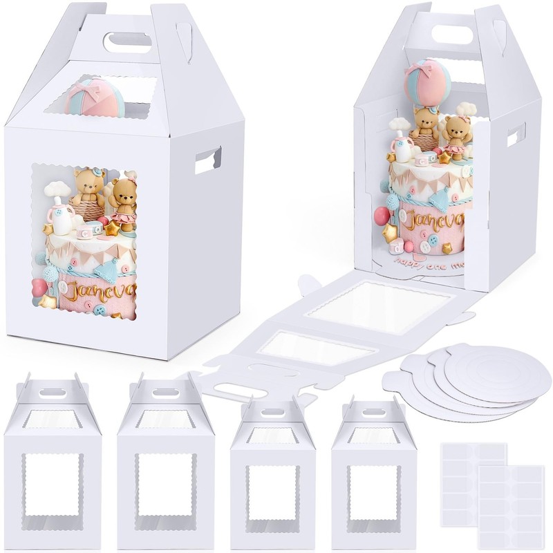 Tall Cake Boxes for Tier Cakes with Cake Boards 4 Pack 10 & 12 Inch Disposabl…