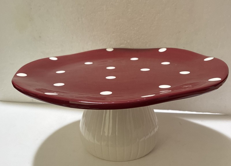 Ceramic Pedestal Mushroom Tray / Cake Stand Red Top With White PolkaDots 11” gallery