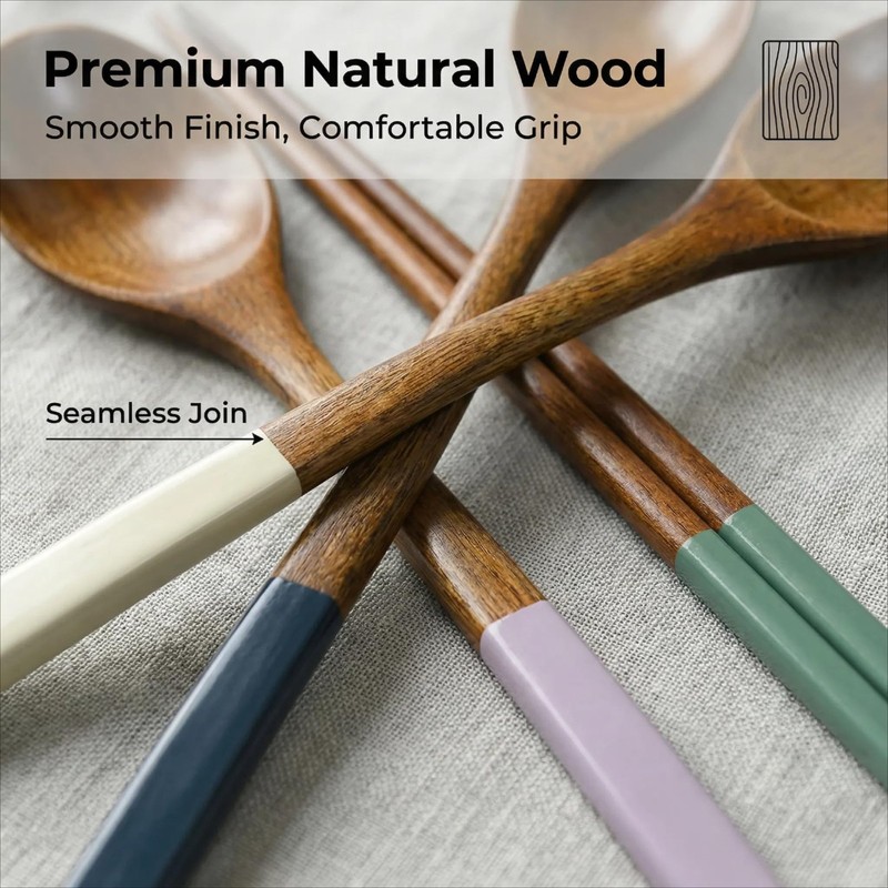 Handmade Wooden Cutlery Set by - 4PCS Reusable Spoon and Chopsticks, High-Gra... gallery